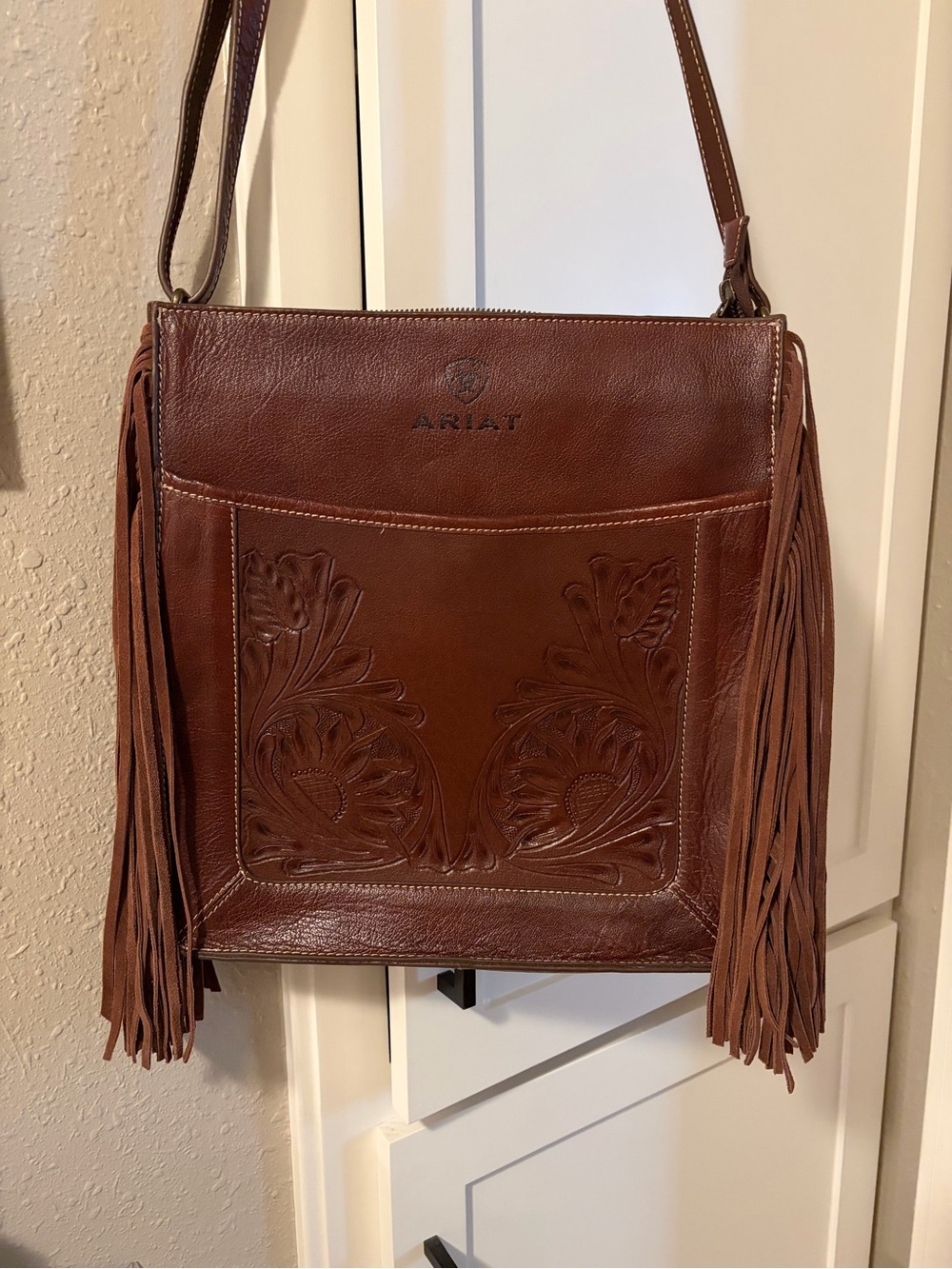 Ariat Chestnut Brown Tooled Leather Fringe Shoulder Bag